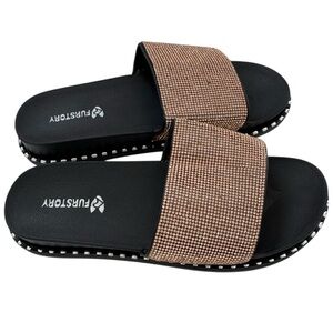 Fur Story Women's Slides Rise Gold Rhinestone Platform Sandals Slippers Size 10